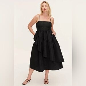 NWT Kate Spade Black Asymmetrical Tiered Taffeta Ruffled Midi Dress